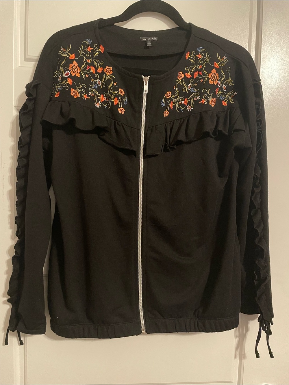 Hannah Black Zipper Jacket with Orange Floral Embroidery